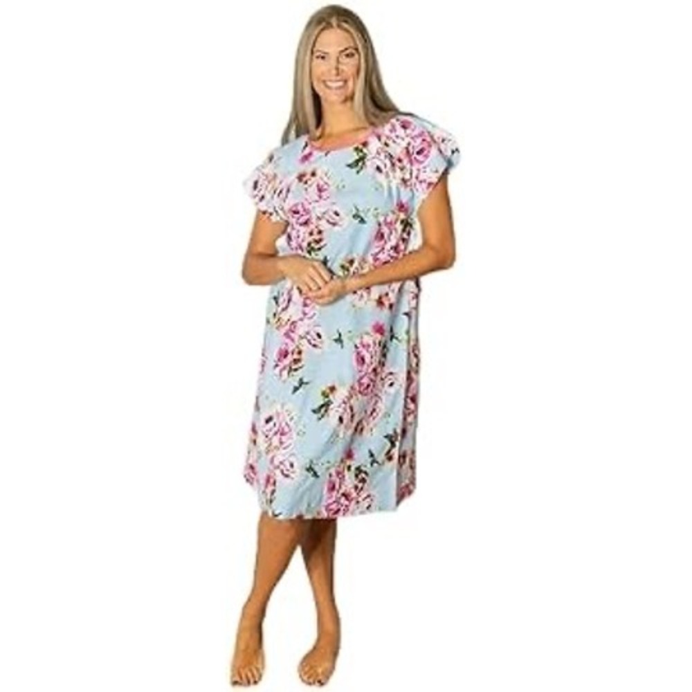 Gownies Maternity Hospital Gown Women L/XL Blue Pink Floral Excellent Nursing